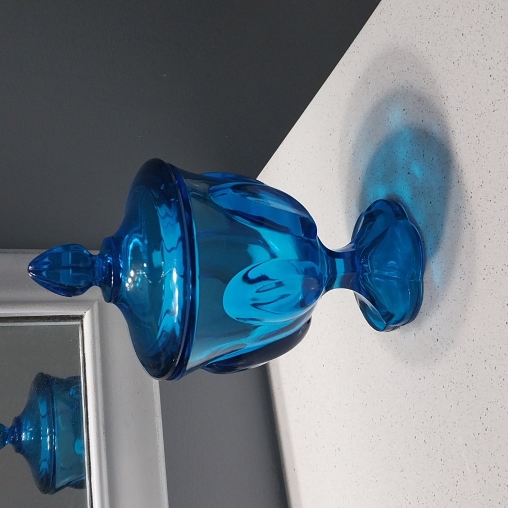 LE Smith Blue Glass Compote Dish Candy Dish 6 Petals